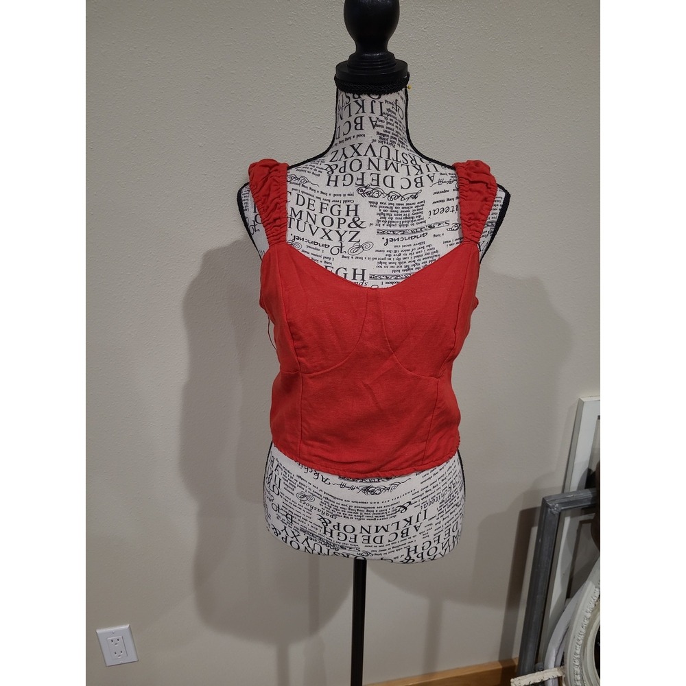 Japna Coquette Boho Red Corset tank with ruffle straps smocked back Women SZ L